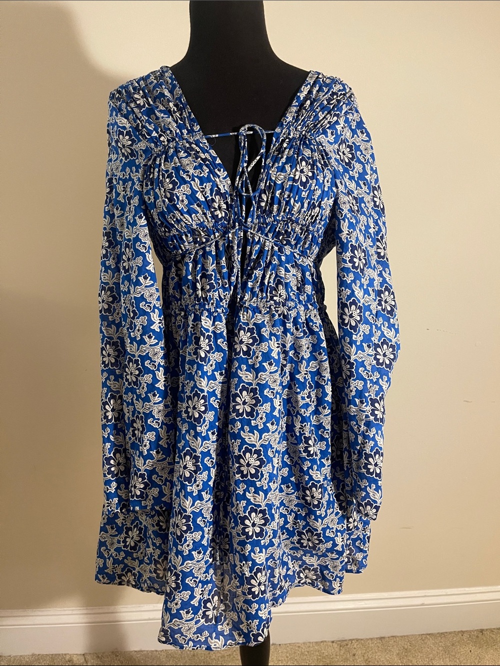 J Crew Blue Floral Empire Waist Tie-Front Dress